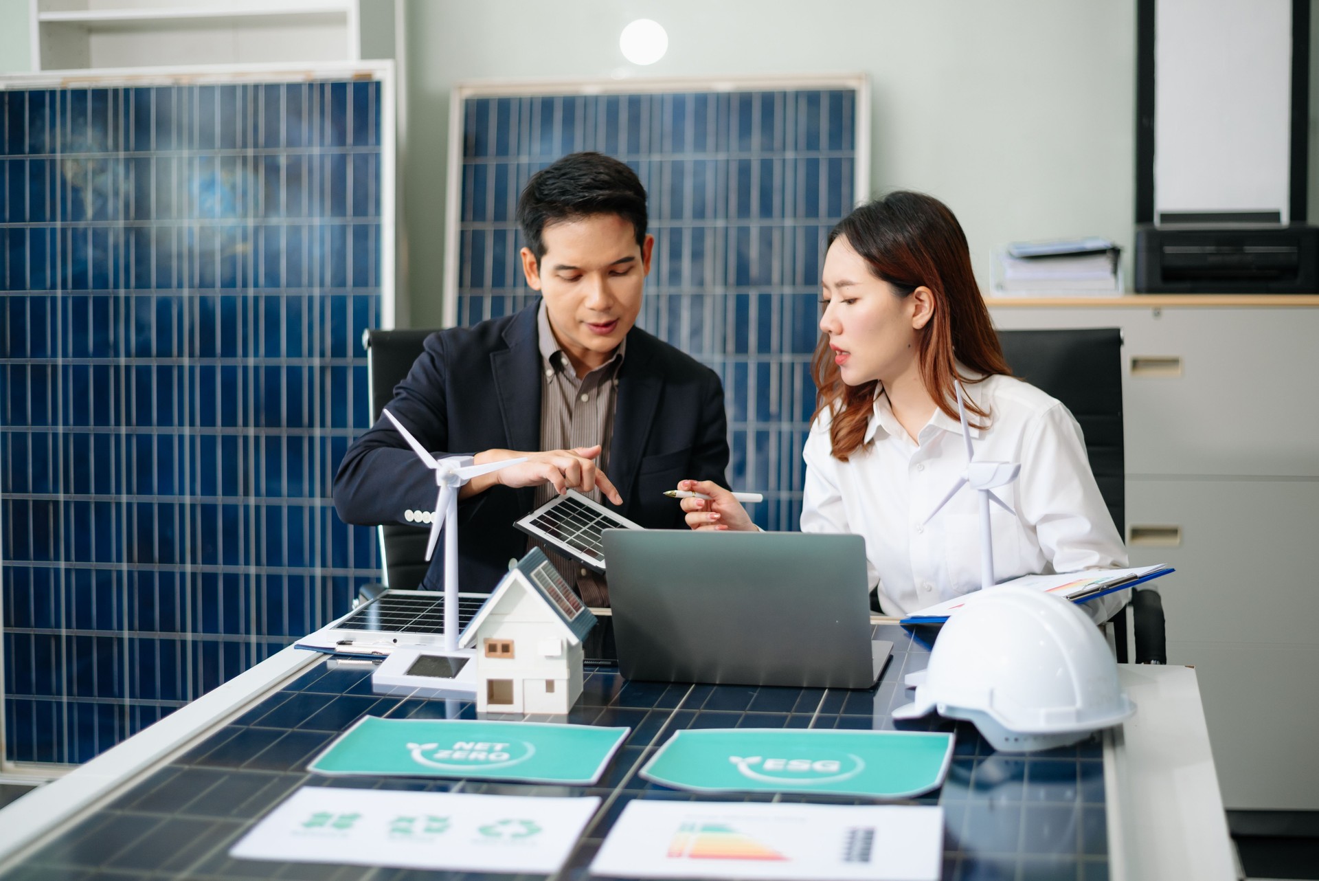 Engineer Team Meeting of Sustainable Energy Project, solar panel project, power innovation on a solar and wind energy project