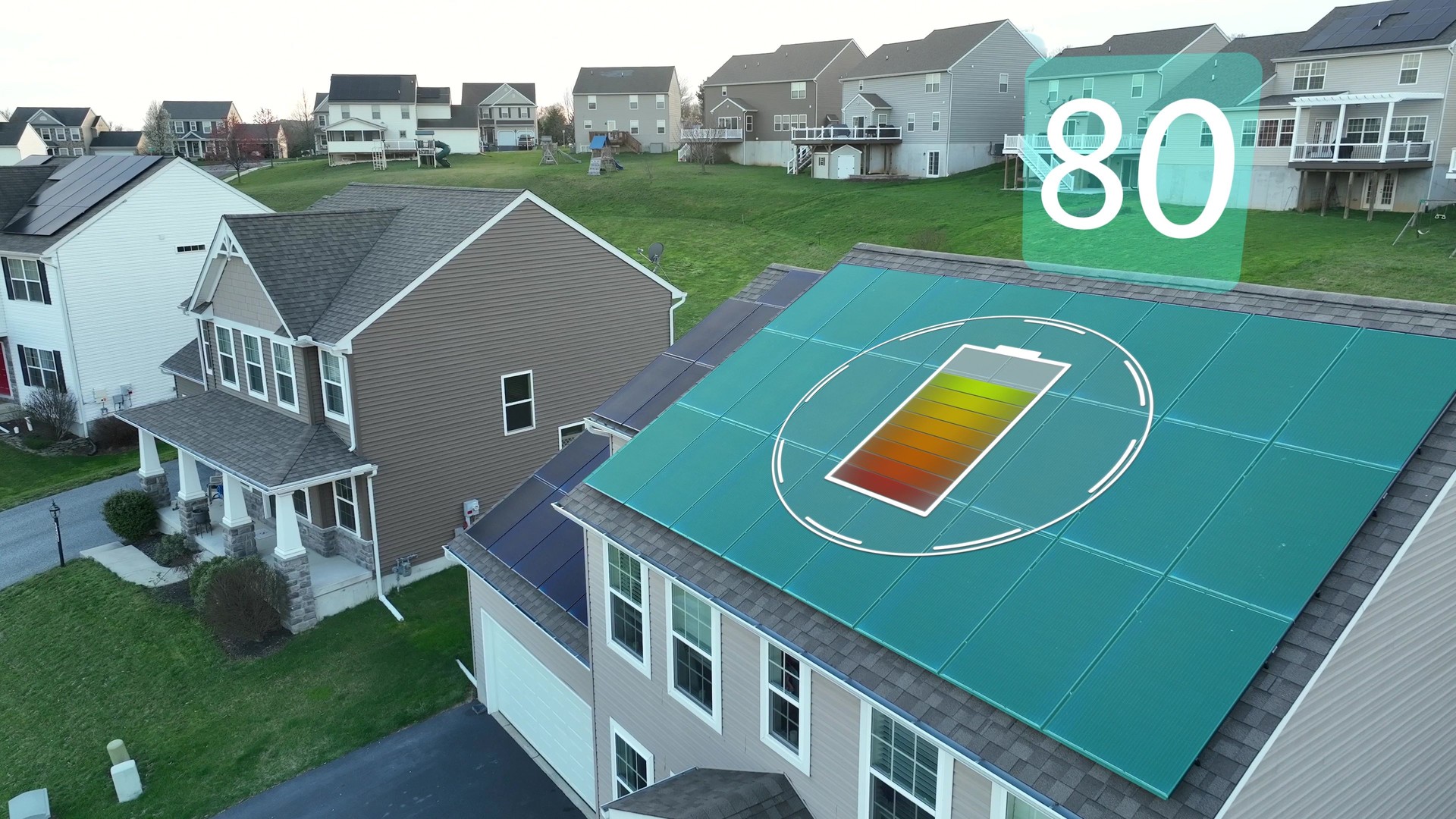 Rooftop solar panel cell on American home. Graphic battery icon illustration with charging percentage. Aerial of modern USA neighborhood